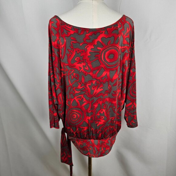Clara Sunwoo Top XL Red & Gray Abstract Print, Side Tie Maximalism - Picture 2 of 9